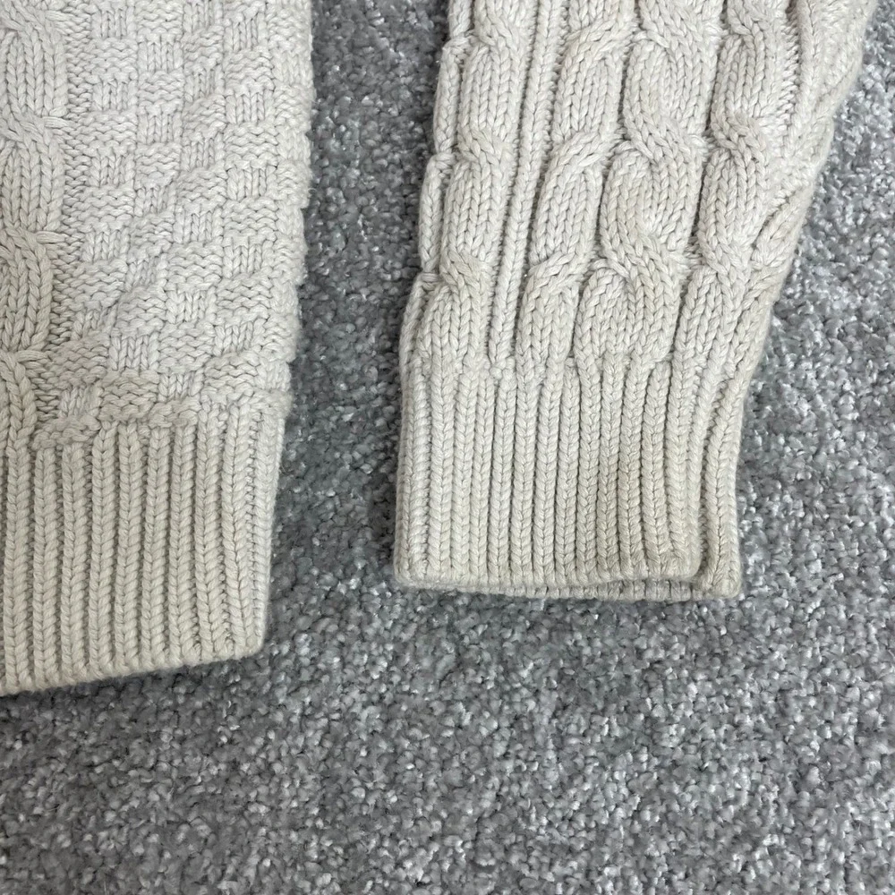 LL Bean Sweater Mens Medium Fisherman Cable Knit Cream Knot Button Mock Neck